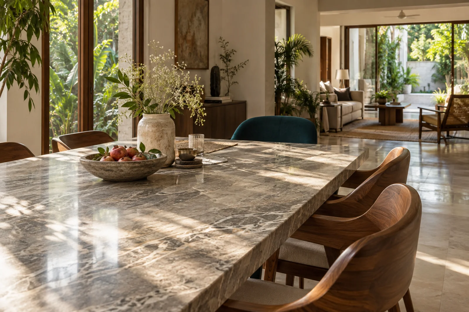 Close view of the stone surface and walnut furniture
